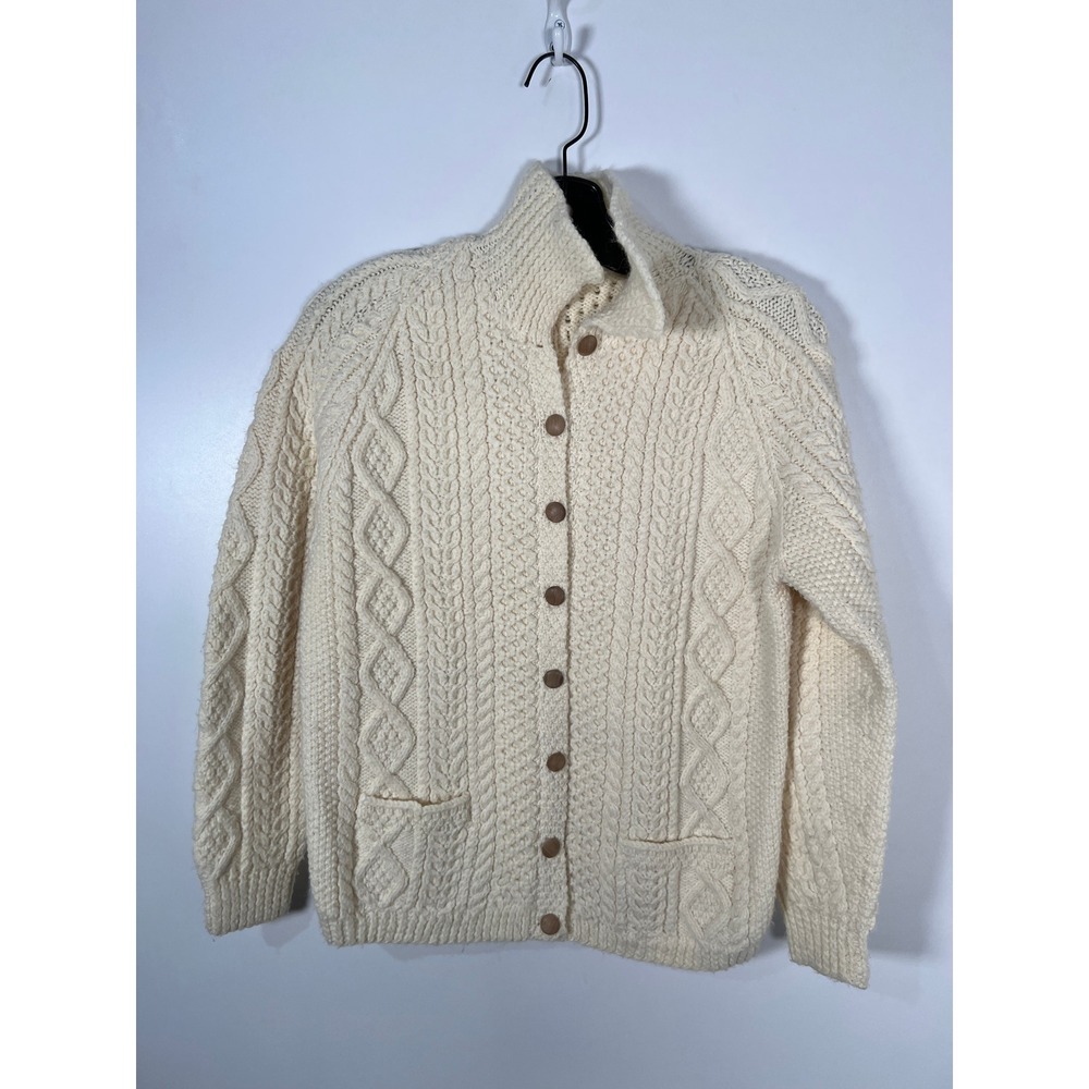 Vintage Cream Cable Knit Cardigan Sweater Mock Neck Button Front Cottagecore S/M